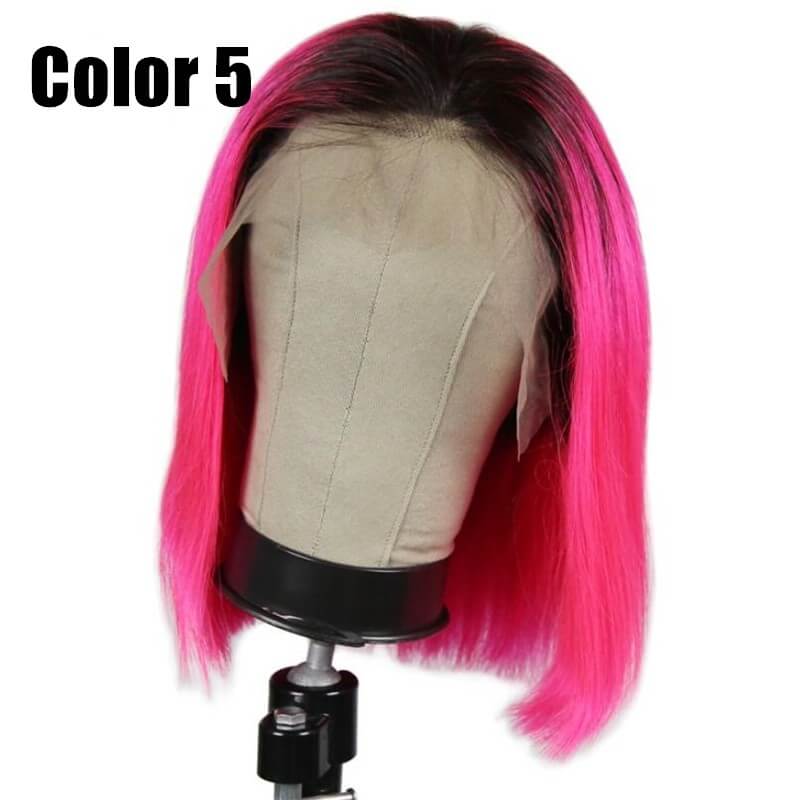 Pink Color Bob Wig Transparent Lace Human Hair Wig