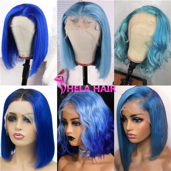 Blue Color Bob Wig Transparent Lace Human Hair Wig