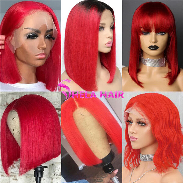 Red Color Bob Wig Transparent Lace Human Hair Wig
