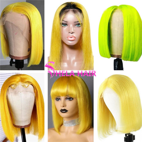 Yellow Color Bob Wig Transparent Lace Human Hair Wig