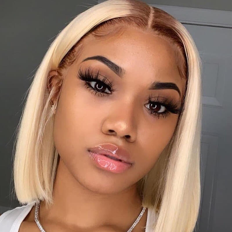 4/613 Light Brown Root Blonde Bob Wig Transparent Lace Closure/Front Wig
