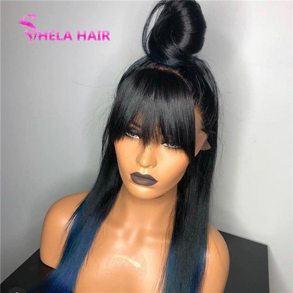 Straight With Bang Wigs Black Brown Blue Lace Wig