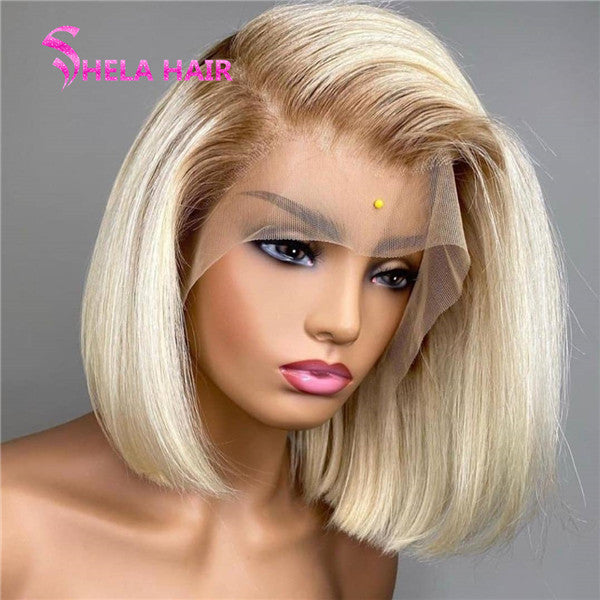 Light Brown Root 4/613 Blonde Straight Bob Wig Transparent Lace Front Wig