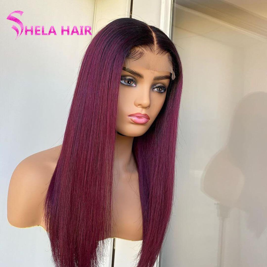 #1b/530 Dark Root Burgundy Purple Red Lace Front Wig