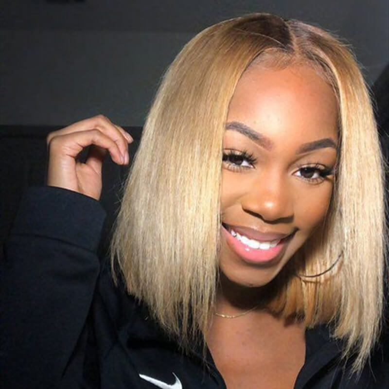 Honey Blonde Bob Wig Straight Transparent Lace Front Wig Middle Part