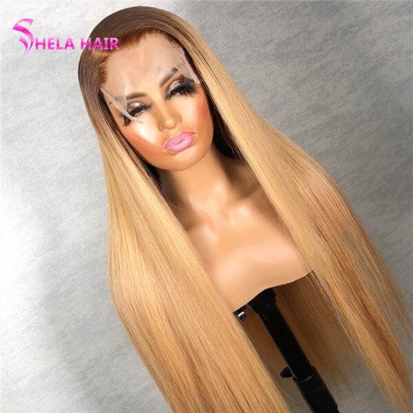 6/27 Ombre Brown Honey Blonde Side Parting Lace Wig Straight