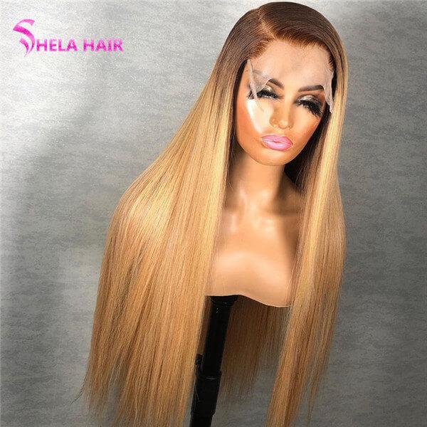 6/27 Ombre Brown Honey Blonde Side Parting Lace Wig Straight