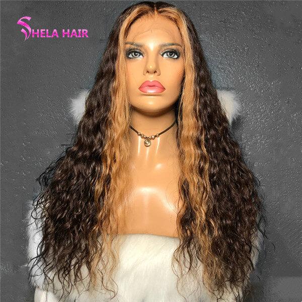 Natural Black with Brown Lace Front Wig Middle Part