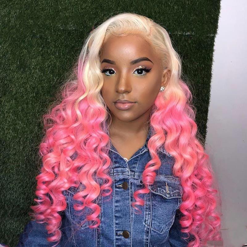 Ombre Blonde Pink Wig Loose Wave Lace Frontal Wigs