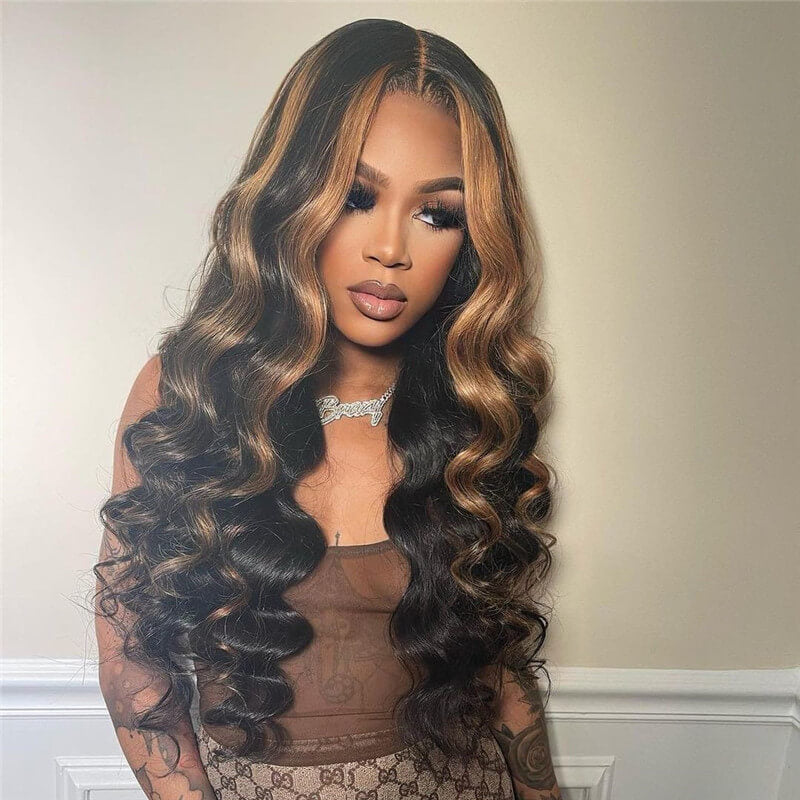 Brown And Honey Blonde Highlight Lace Wig Straight 180% 200%