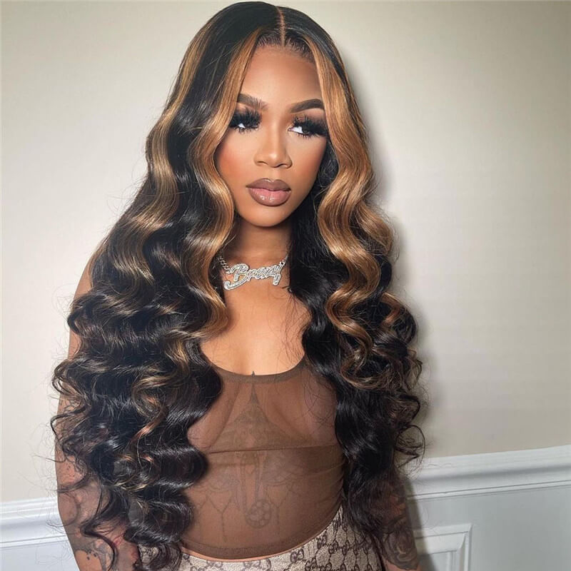 Brown And Honey Blonde Highlight Lace Wig Straight 180% 200%