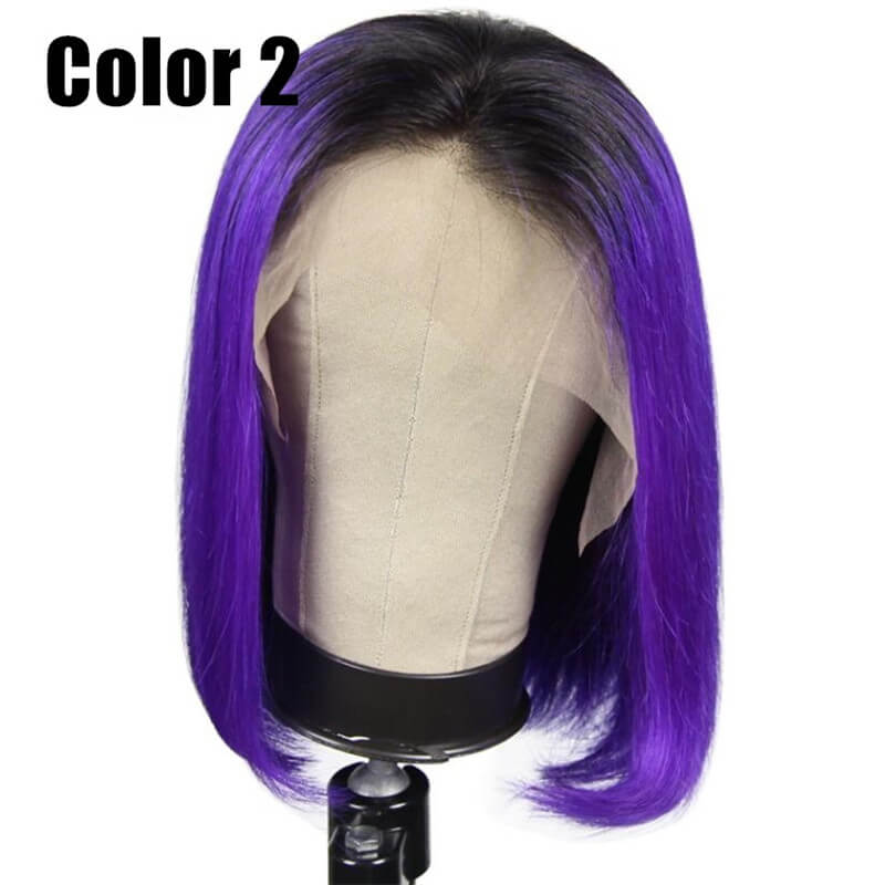 Purple Color Bob Wig Transparent Lace Human Hair Wig