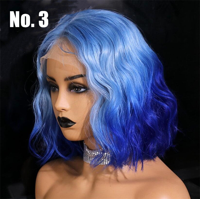 Blue Color Bob Wig Transparent Lace Human Hair Wig