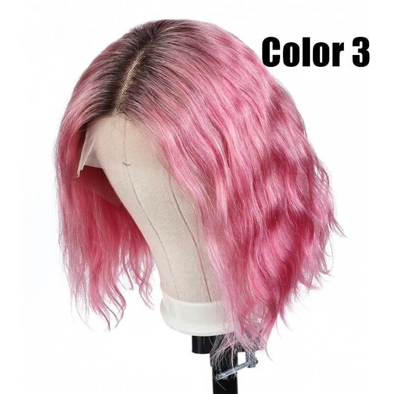 Pink Color Bob Wig Transparent Lace Human Hair Wig