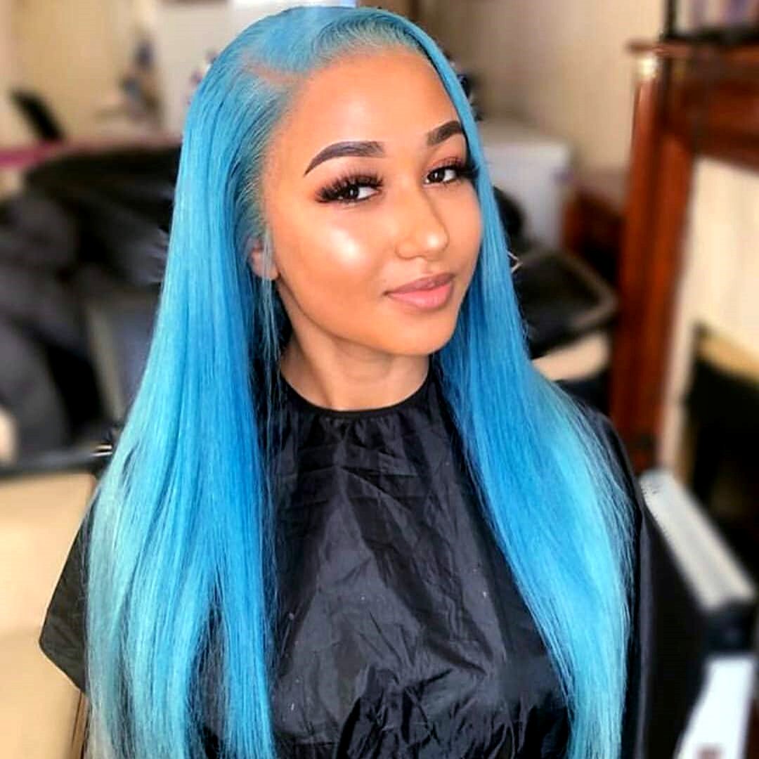 Bright Blue Colorful Transparent Lace Front Wigs Straight / Wavy