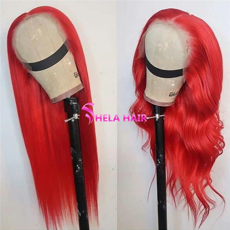 Bright Red Colorful Human Hair Lace Frontal Wig Straight