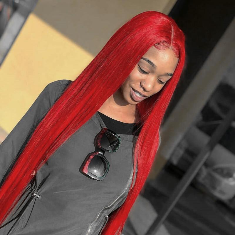 Red colorful Lace Front Wig Straight