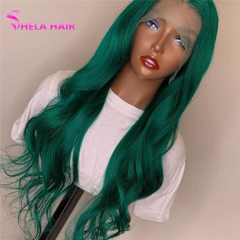 Moss Forest Green Human Hair Lace Frontal Wig Wavy Wigs
