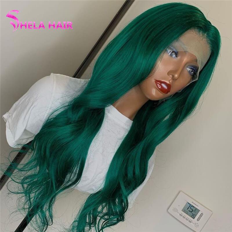 Moss Forest Green Human Hair Lace Frontal Wig Wavy Wigs