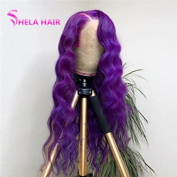 Plum Purple Color Transparent Lace Front Wigs Straight / Wavy
