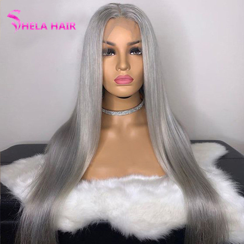Grey Color Straight Human Hair Lace Front Wig / Full 360 Lace Wig