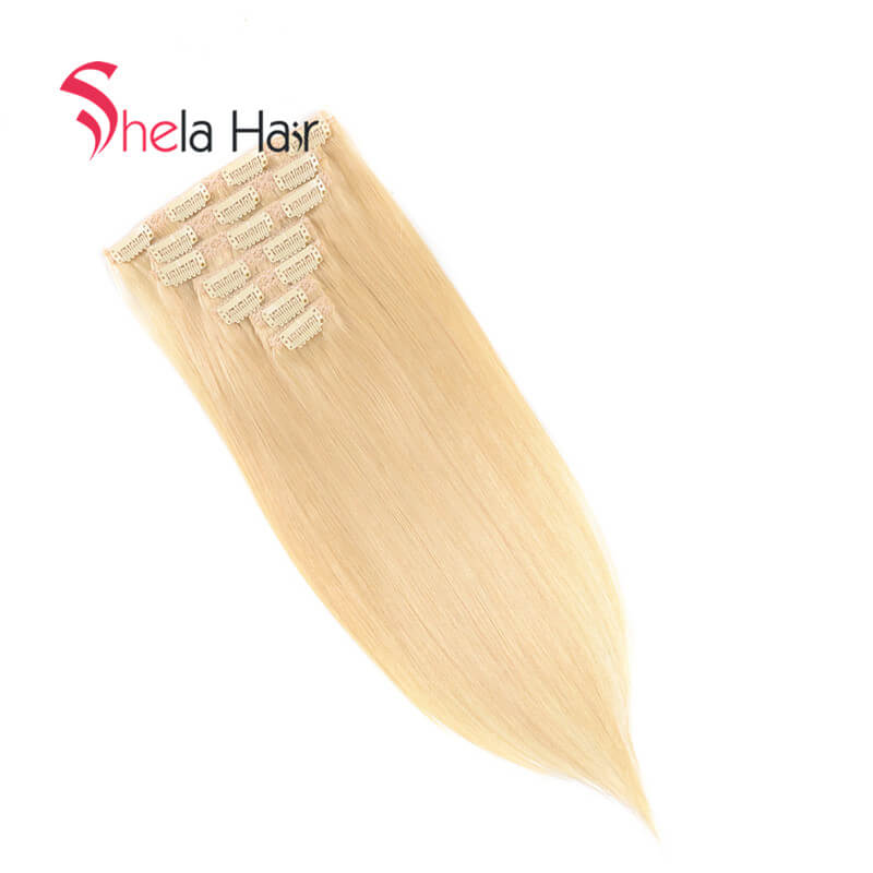 Blonde Clip In Human Hair Extensions Straight 7 Pieces/Set Free Shipping