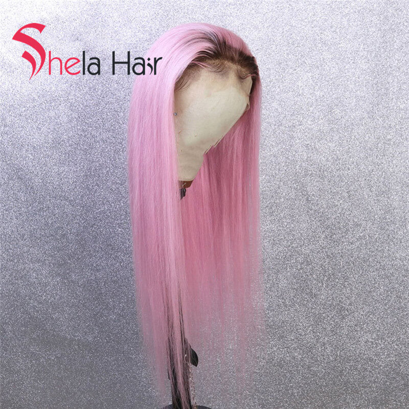Dark Root Bright Pink colorful Lace Front Wigs Straight