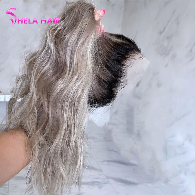 Dark Root Grey Color Wavy Lace Front Wig / Full 360 Lace Wig