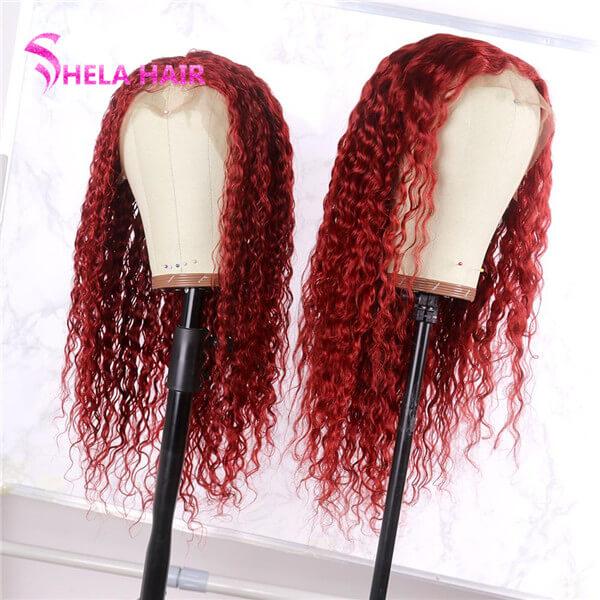 Dark Red Lace Front Wig colorful human hair wigs Deep Wave