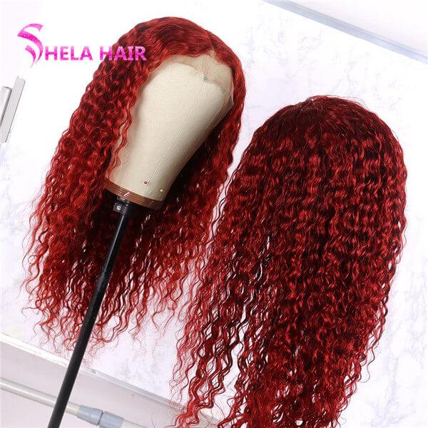 Dark Red Lace Front Wig colorful human hair wigs Deep Wave