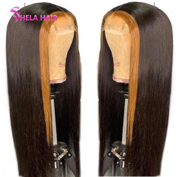 Natural Black with Brown Lace Front Wig Middle Part