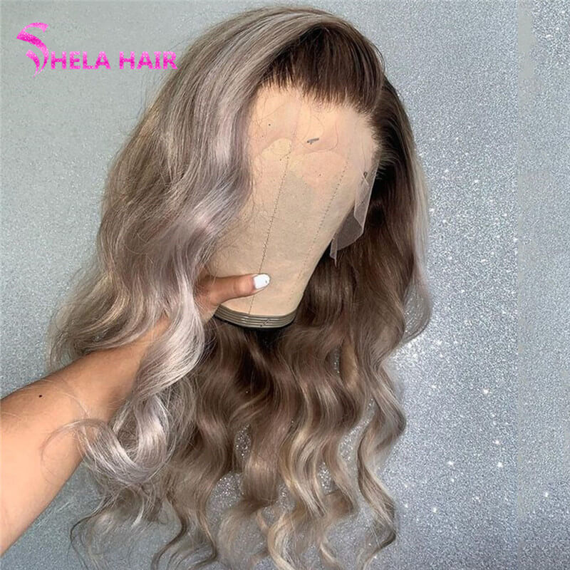 Dirty Root Dark Grey Color Wavy Lace Front Wig / Full 360 Lace Wig
