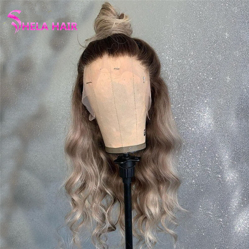 Dirty Root Dark Grey Color Wavy Lace Front Wig / Full 360 Lace Wig