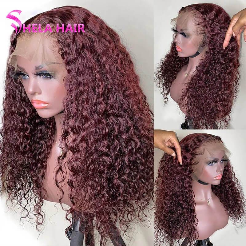 Deep Curly Burgundy Red Wig 100% Human Hair Wigs