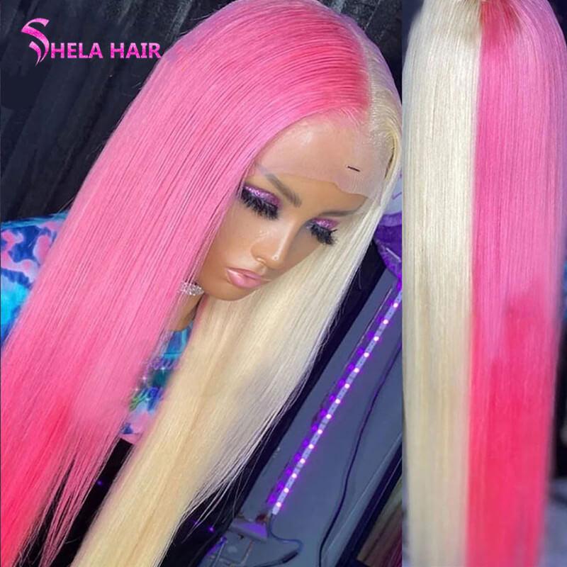 Half Blonde Half Black/ Blue/ Red/ Pink Transparent Lace Front Wig Straight