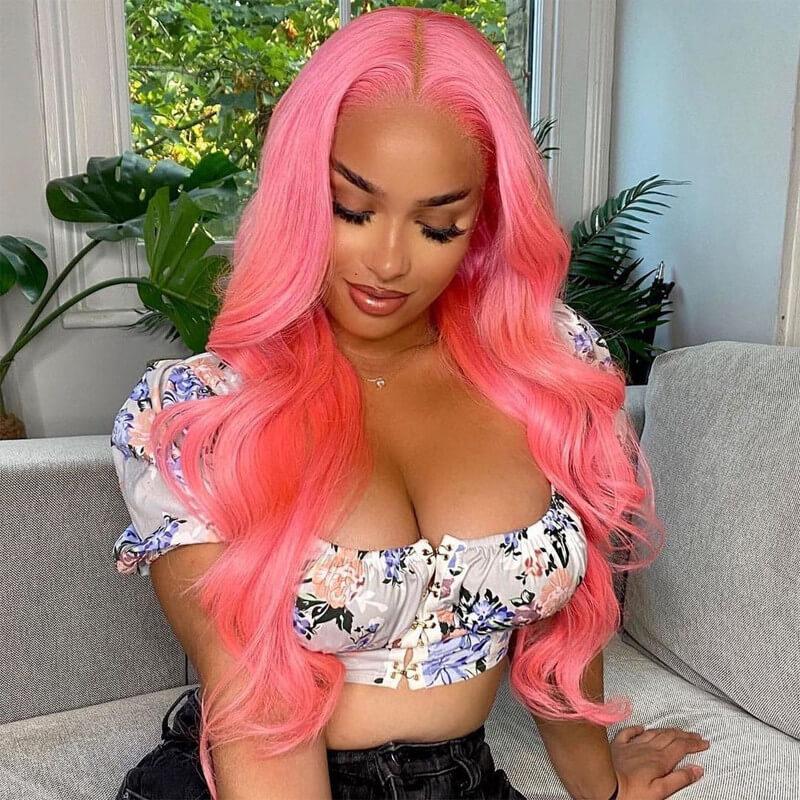 Hot Pink lace Front Human Hair Wigs Preplucked hairline Wavy
