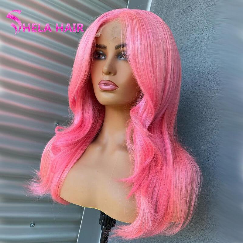 Hot Pink lace Front Human Hair Wigs Preplucked hairline Wavy