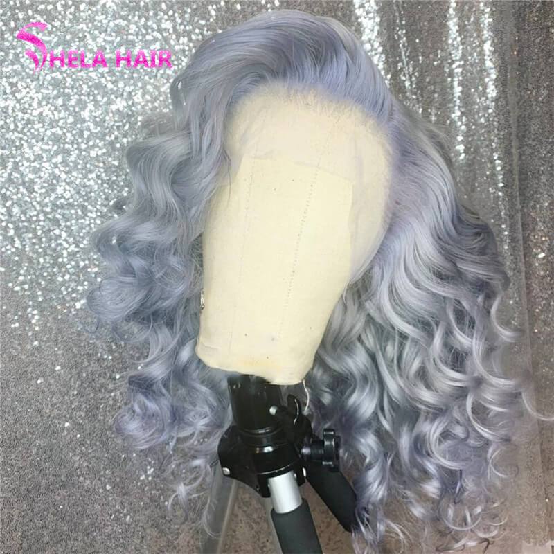 Silver Grey Human Hair Loose Wave Transparent Lace Front Wig