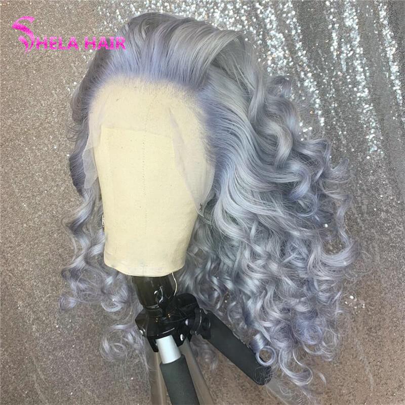 Silver Grey Human Hair Loose Wave Transparent Lace Front Wig