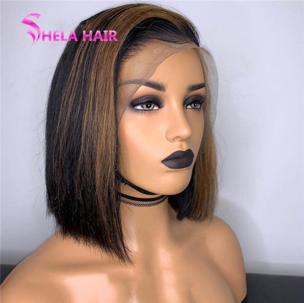 Side Part Highlight Black with Brown Lace Front Wig Straight Bob Wig