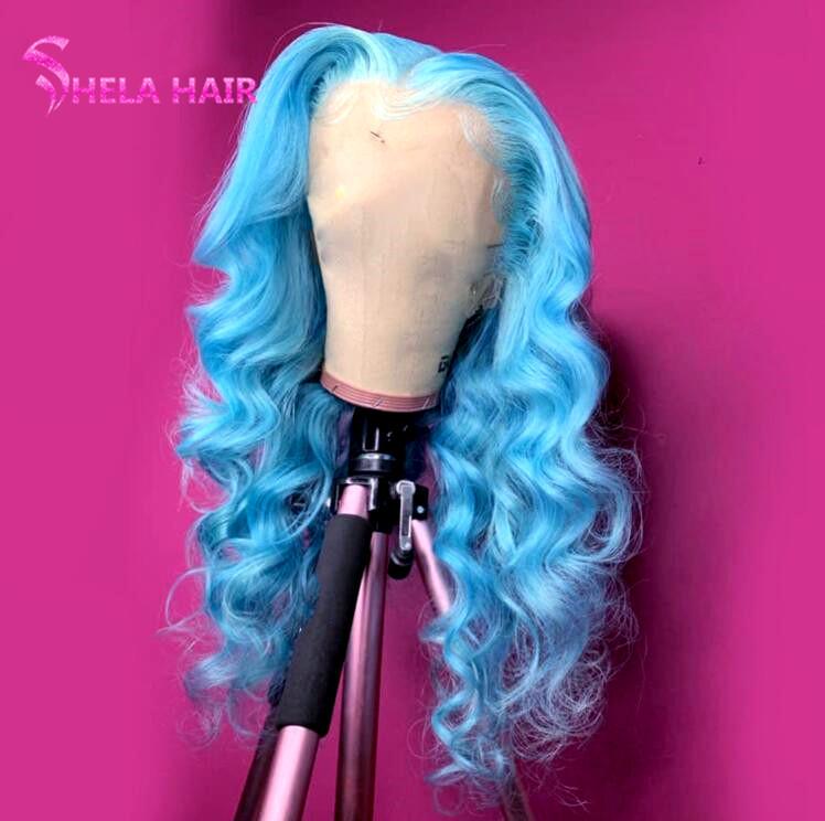 Bright Blue Colorful Transparent Lace Front Wigs Straight / Wavy