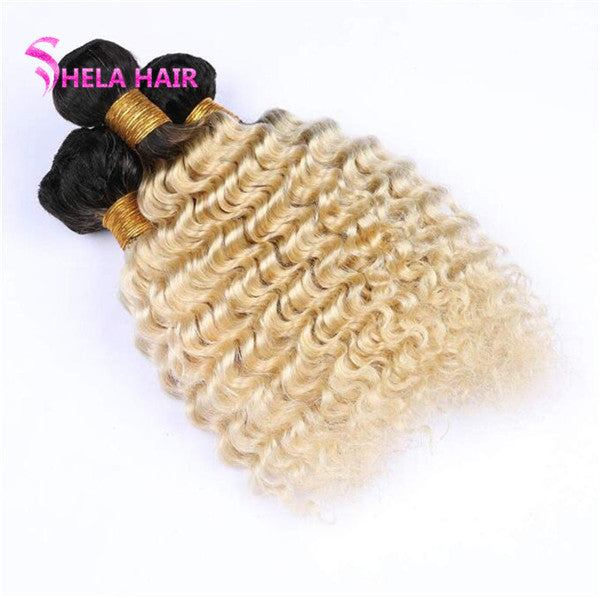 #613 Blonde Color Bundles Black Root Deep Wave Ombre Human Hair Weave