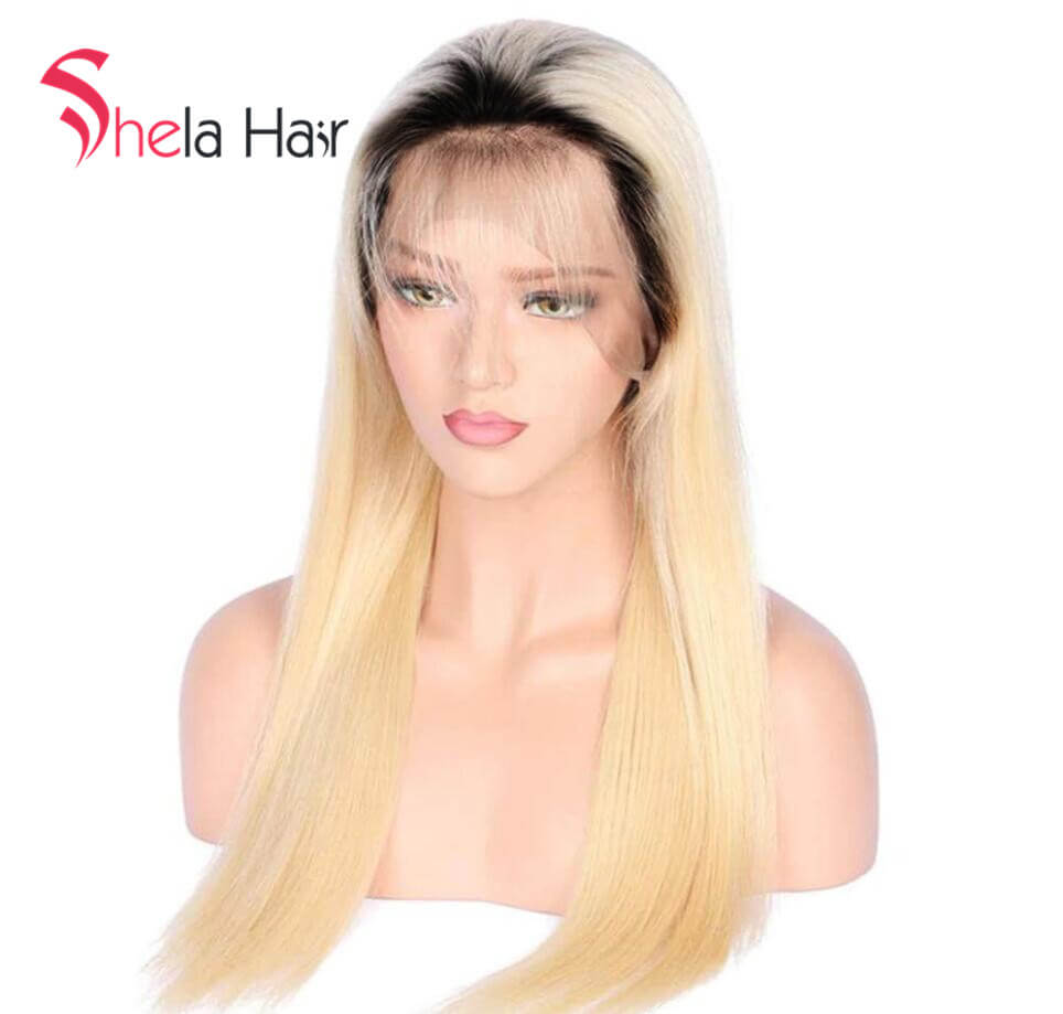 Ombre Black Root 1b/613 Transparent Full Lace Wig 180% 200% high density Straight