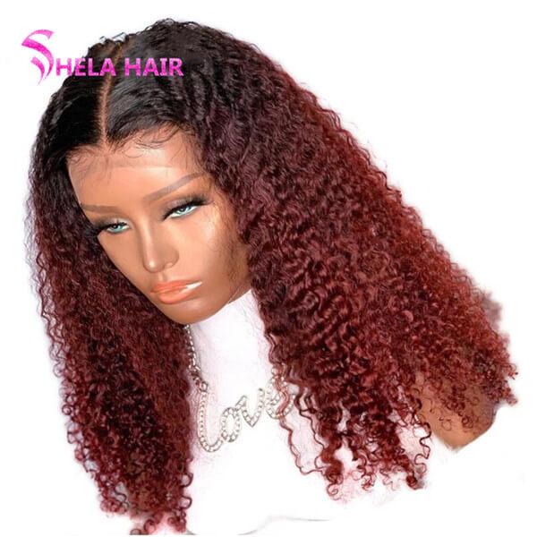 1b/99J Black Root Burgundy Red Wig Curly Lace Front Wigs