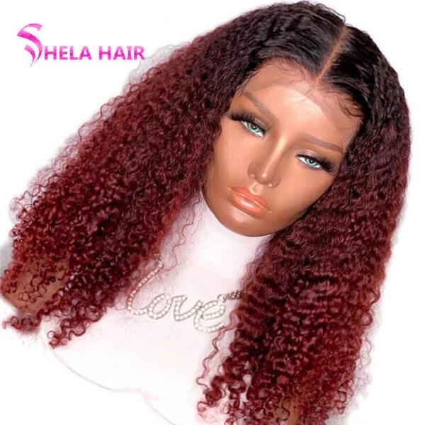 1b/99J Black Root Burgundy Red Wig Curly Lace Front Wigs