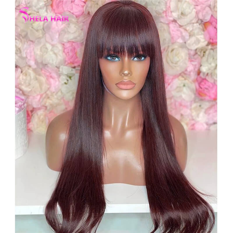 #99J Dark Burgundy Lace Wig colorful human hair wigs Straight With Bang