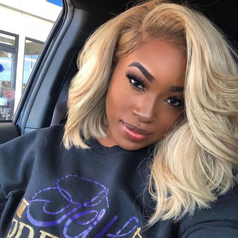 Light Rooted #613 Blonde Transparent Lace Bob Wig Wavy 180% Density
