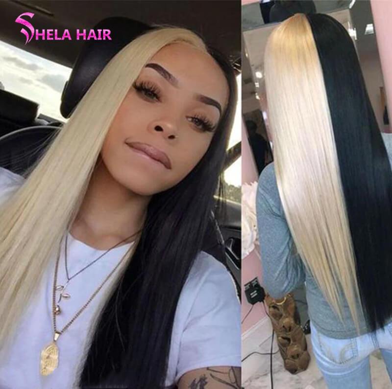 Half Blonde Half Black/ Blue/ Red/ Pink Transparent Lace Front Wig Straight